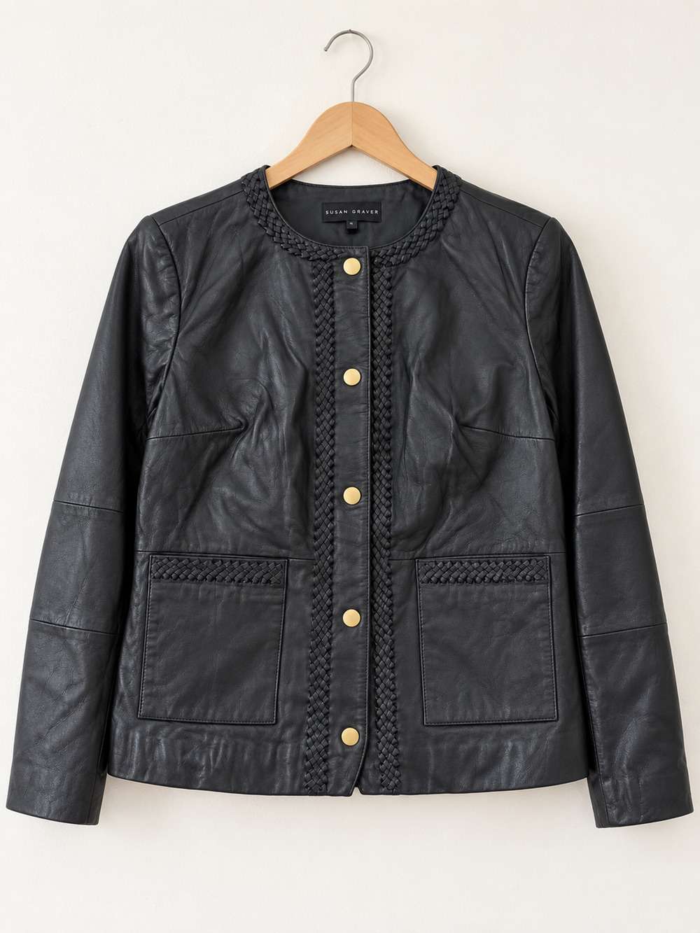 Susan Graver Timeless Genuine Leather Jacket Braided Trim Black Sz 6 Gold Snap A